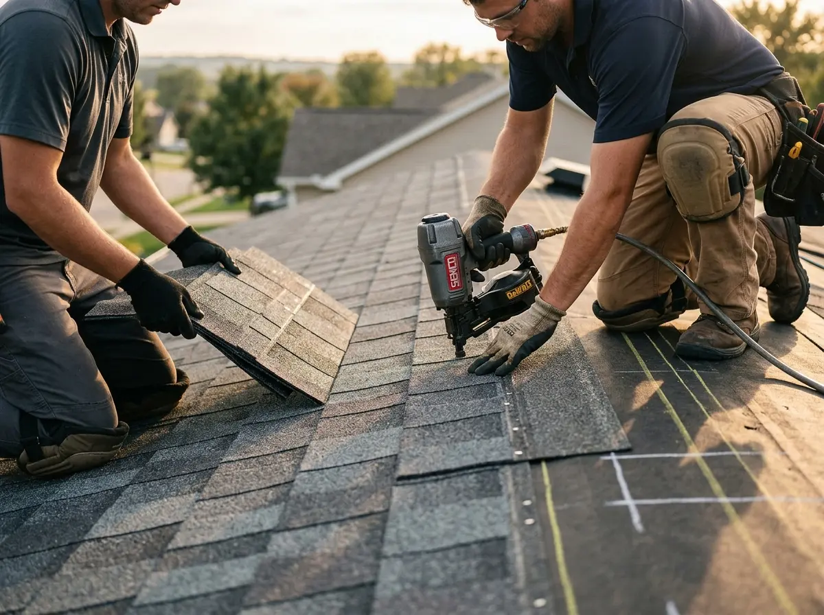 Professional roofer working on a residential roof in Kings Grant